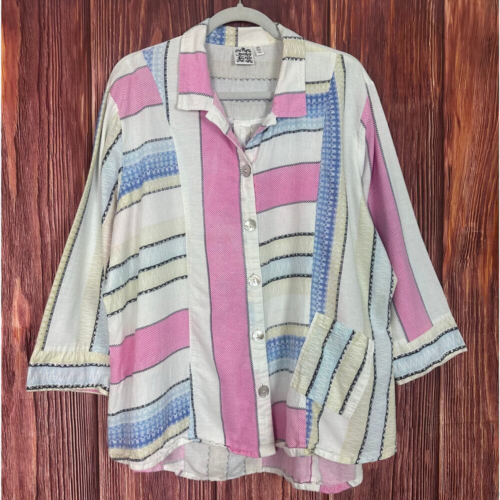 Parsley & Sage Womens Button Down Top Striped Lagenlook Blue Pink Plus Size 2X
